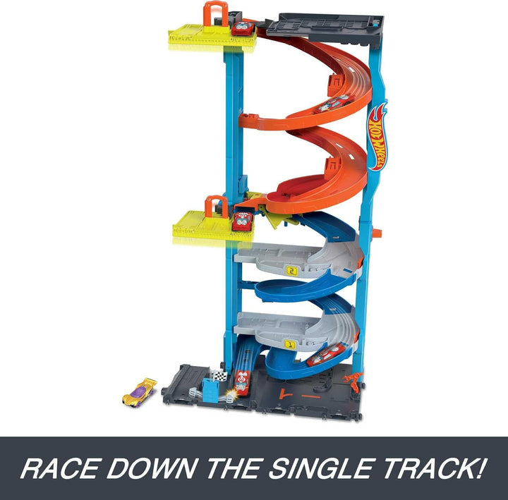 City Toy Car Track Set, Transforming Race Tower, Single to Dual-Mode Racing, with 1:64 Scale Vehicle, 2 Ways to Play
