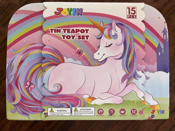 Unicorn Tea Set for Toddlers Tea Party Set for Children Kids Pretend Role Play Tin Teapot Set with Cups, Plates and Carrying Case Kitchen Toy for Little Girls Birthday Gifts Age 3 4 5 6