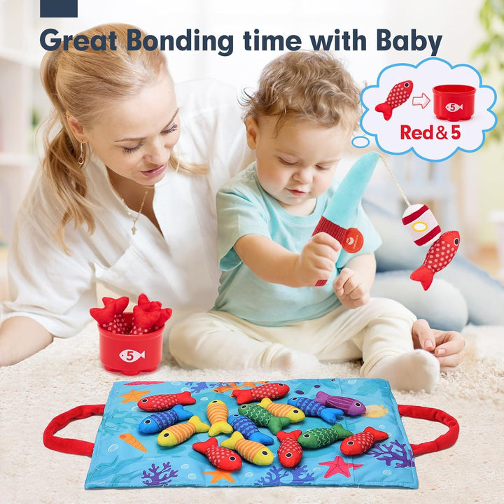 Montessori Toys for 1 Year Old - 10 in 1 Cloth Toddler Fishing Game with Stacking Cups, Baby Toy 12-18 Months One Year Old Boy Birthday Gift, Toddler Toys for 1 2 Year Old Boy Girl Gifts