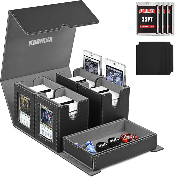 Card Deck Box for MTG with Commander Display, 5 in 1 Card Storage Box Fits 400+ Double-Sleeved Cards, Removable Deck Case for Tcg/Sports Cards with Dice Tray, 4 Magnetic Card Holders (Black Purple)