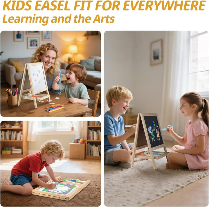 Tabletop Painting Wooden Art Easel for Kids - 4-In-1 Double-Sided Drawing Board for Toddlers 2-4, Chalkboard & Dry Whiteboard with Chalk,Markers, Eraser, Magnetic Letters/Numbers & Flashcards