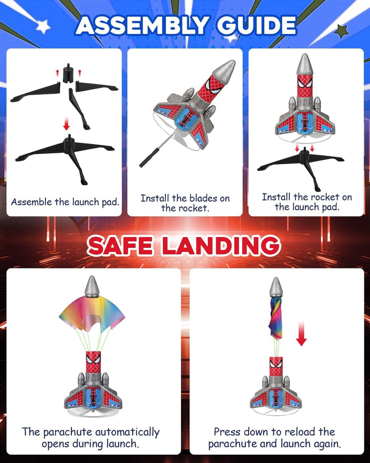 Rocket Launcher for Kids – 2Nd Gen Upgraded Design, Electric Auto Launch, 200Ft Flight with Safe Parachute, Outdoor Rocket Toy for Boys & Girls, Birthday Gift for Ages 6-13, Spider Pattern