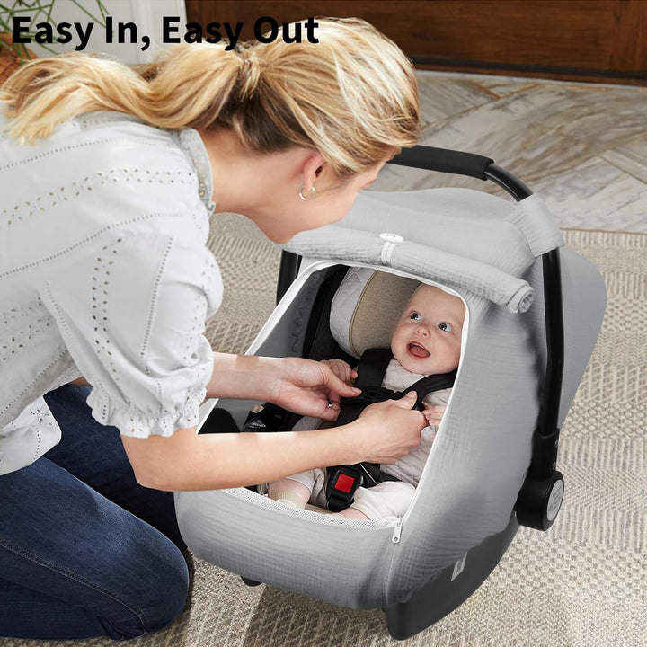 Car Seat Cover Baby, Carseat Covers Girl Boy, Breathable Muslin Cotton, Large Mesh Window, Infant Car Seat Canopy Baby Carrier Cover Stroller Sun Shade for Summer & Hot Day, Grey