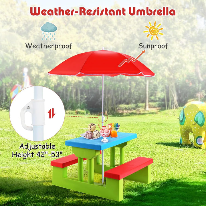 Kids Picnic Table, Outdoor Toddler Table and Bench Set with Removable Umbrella, Plastic Kids Activity Table Set for Backyard, Garden, Nursery, Gift for Boys Girls Age 3+, Red