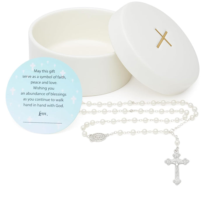 Sweet Treasures Gift – Baptism Gifts for Boys, First Rosary with Ceramic Keepsake Box and Card, Catholic Communion Gift, Christening and Baby Shower Rosary Beads, Blue