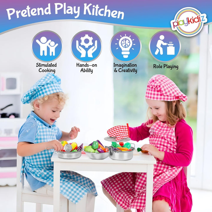 Stainless Steel Pots and Pans - Toy Cookware 9 Piece Playset for Kids Pretend Play House - Great Birthday Gift for Girls