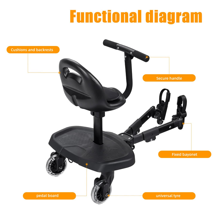 Universal 2-In-1 Stroller Board，Child Rider Stroller Attachment with Saddle Seat and Standing Platform ，Quick and Easy to Use, Safety Design 2025 Upgrade