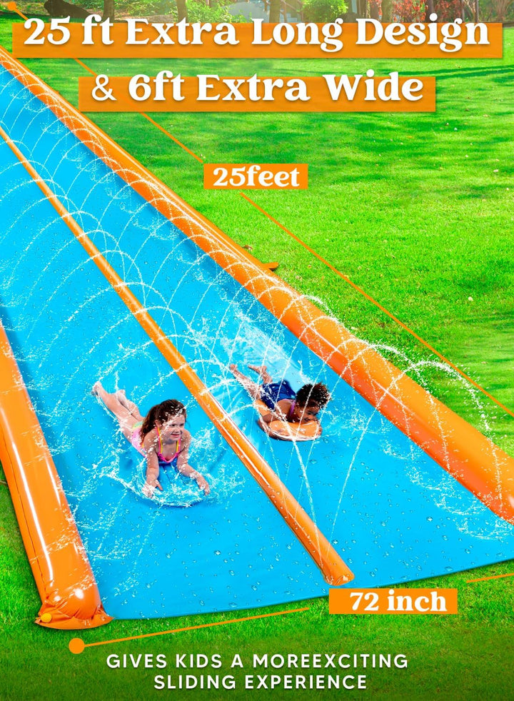 Double Lane Water Slide,25Ft X 6Ft Heavy Duty Lawn Water Slip and Slide with Sprinkler and 2 Inflatable Boards for Adult Kids Party Summer Yard Outdoor Play Activities