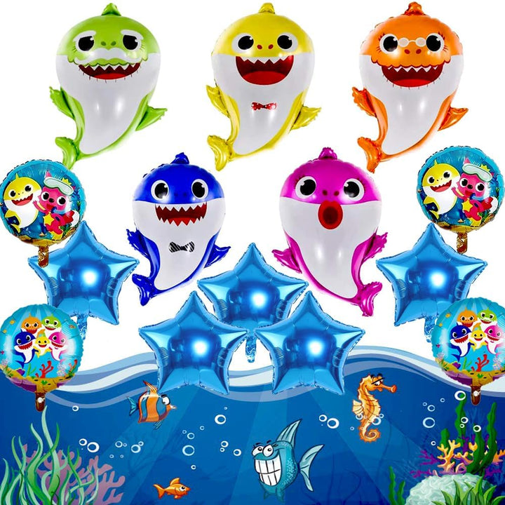 Shark Birthday Party Decorations for Boys and Girls, 26” Cartoon Helium Balloons XL for Baby Birthday Party with 9 Pcs 18” round and Star Ocean Theme Balloons, Shark Party Decorations (14 Pcs)