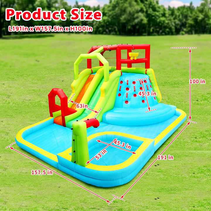 Inflatable Water Slide Park, Bouncy Castle with Deep Pool, 3 Inflatable Sport Balls and 4 Water Guns, Jumping Castle with Air Blower
