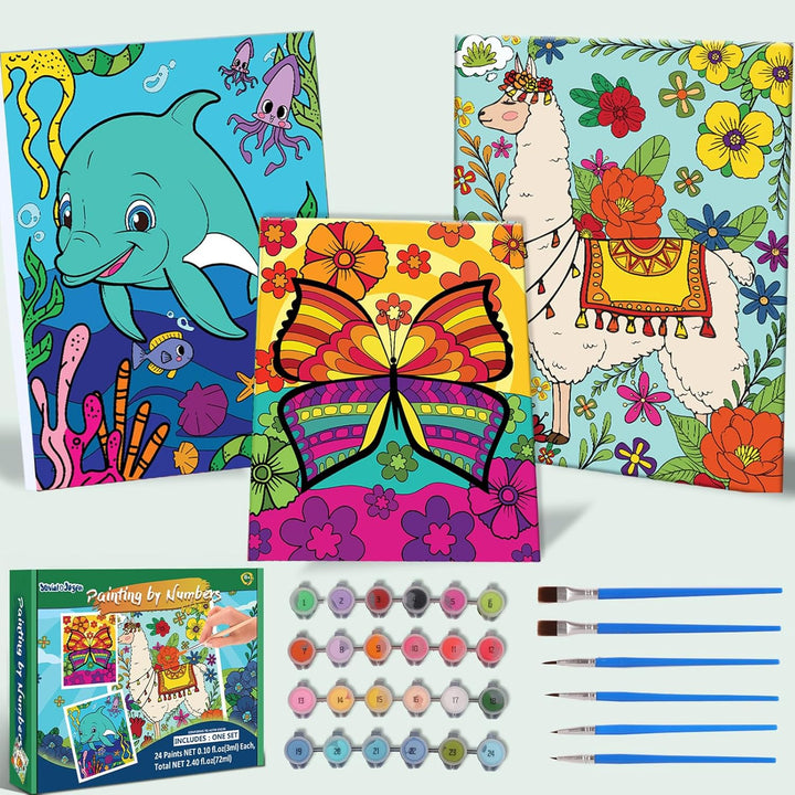 Paint-By-Numbers Kit - 3 Pack Framed Canvas, 24X3Ml Acrylic Paints, 6 Brushes, Predrawn Canvas, Art Set for Teens & Kids