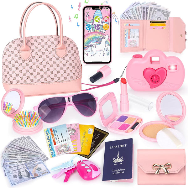 Toddler Play Purse for Little Girls, 35PCS Kids Purse with Pretend Play Princess Toys Includes Handbag, Camera, Phone, Wallet, Key, Kids Purse Birthday Gift for Girls Toddler Age 3 4 5 6+