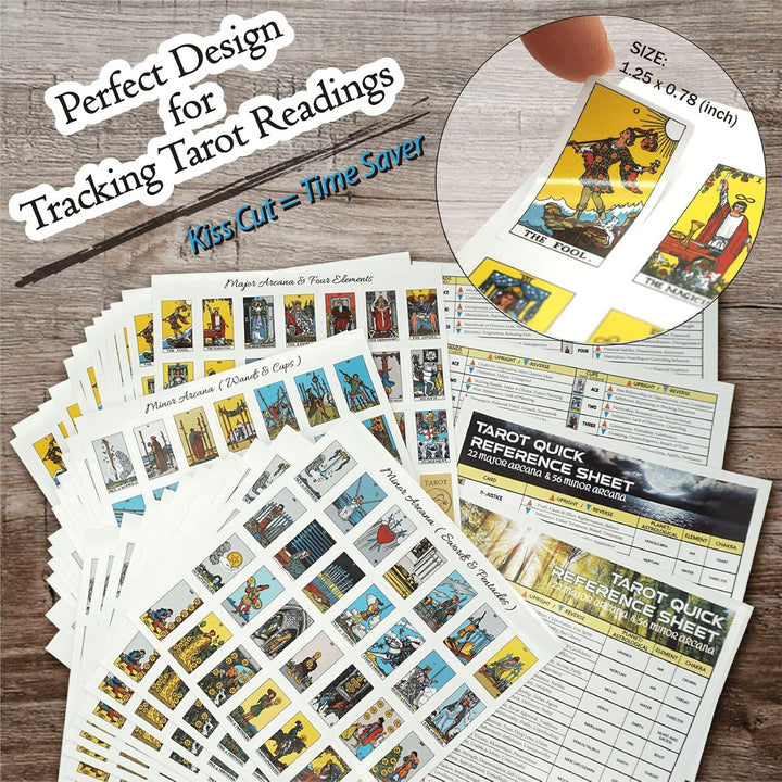 Mini Tarot Stickers for Journaling - 1008 PCS Tarot Card Stickers Based on Rider Waite Tarot Deck - 1.25" X 0.78" - Clear Printing & Glossy Finish – 4 Tarot Cheat Sheets Included