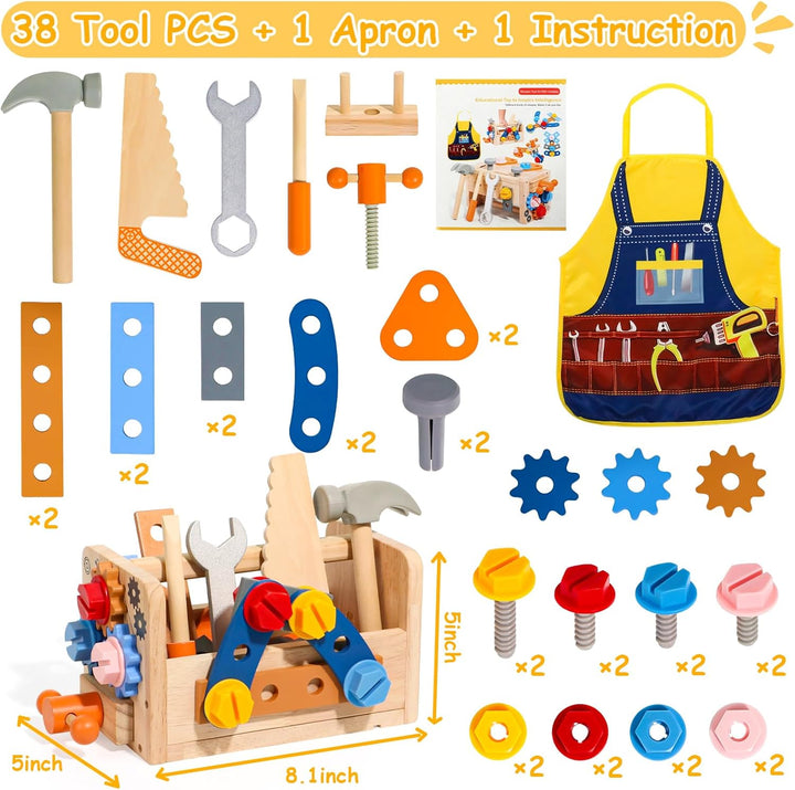 Kids Tool Set with Apron, Wooden Toddler Tool Bench Montessori Toys for 2+Year Old 39 PCS Educational STEM Construction Toys for Ages 2-4 Pretend Play Toddler Toys 3 4 5 Year Old Birthday Gift