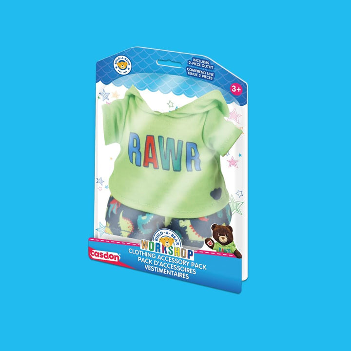 MINI Build-A-Bear Workshop Green Rawr Toy Clothes Pack. 4 Mix-And-Match Toy Outfits Includes Pajamas, Cute Hoodies, Summer Styles | for Kids Aged 3+. Suitable for 9” MINI Bears ONLY