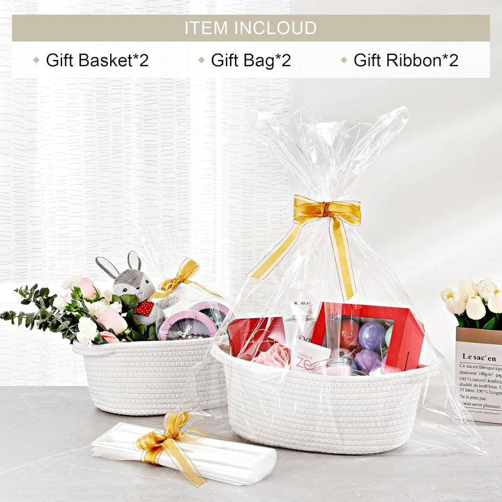 2 Pack Small Woven Basket with Gift Bags and Ribbons, Empty Decorative Gift Chest Box, Cute Baby Gift Basket for Nursery, Cotton Rope Room Shelf Storage Basket with Handles, All 12"X 8"X 5",White