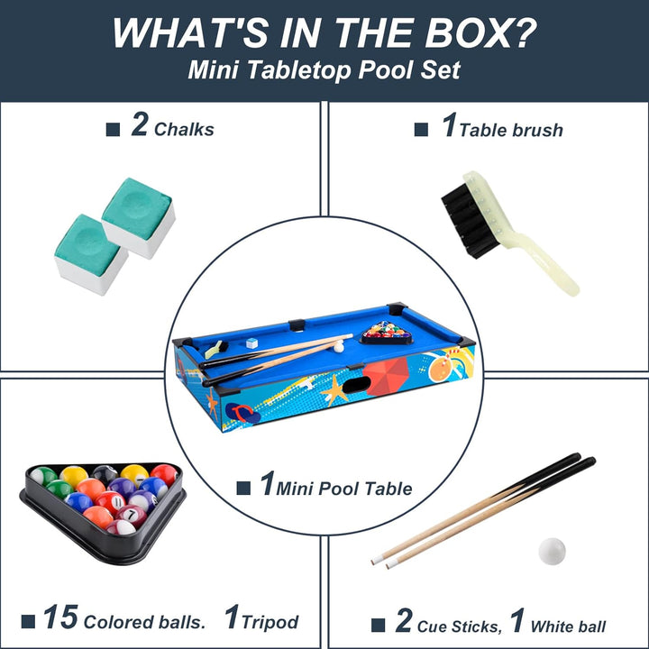 27" Mini Pool Table Set, Small Tabletop Pool Table, Portable Billiards Game Includes Small Billiards Balls, Pool Cues, Triangle Rack, Chalk, Brush for Family