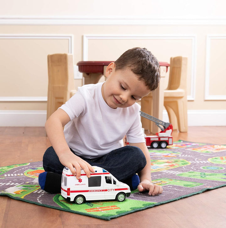 Ambulance Toy Car with Light & Siren Sound Effects - Friction Powered Wheels & LED Lights - Medical Transport Emergency Vehicle, Heavy Duty Plastic Rescue Vehicle Toy for Kids & Children