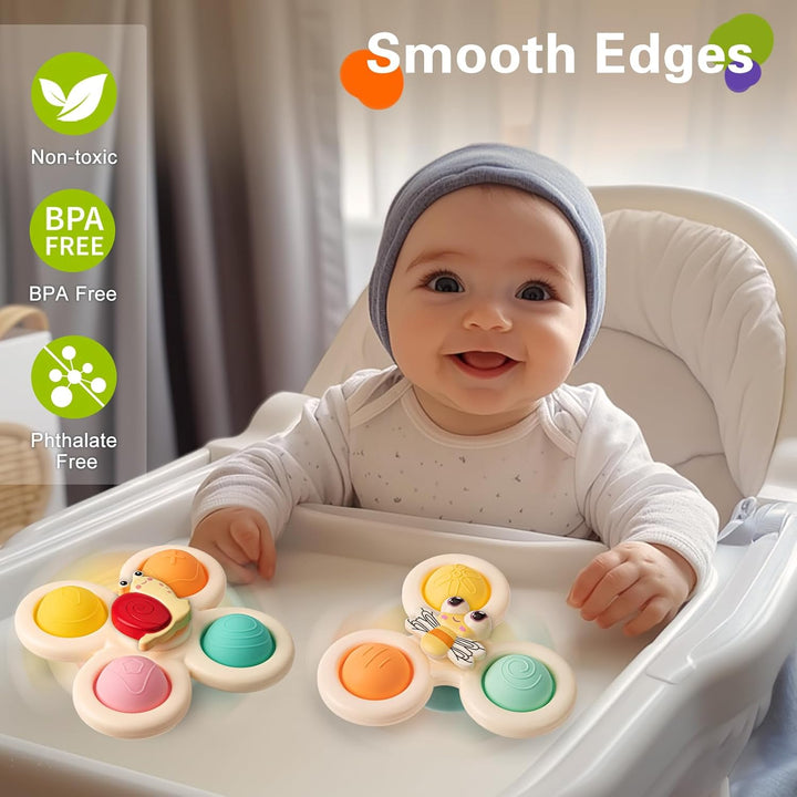3-Piece Suction Cup Spinner Toys for 1-3 Year Old Boys & Girls - Spinning Sensory Toys for Toddlers 12-18 Months - First Birthday Gifts
