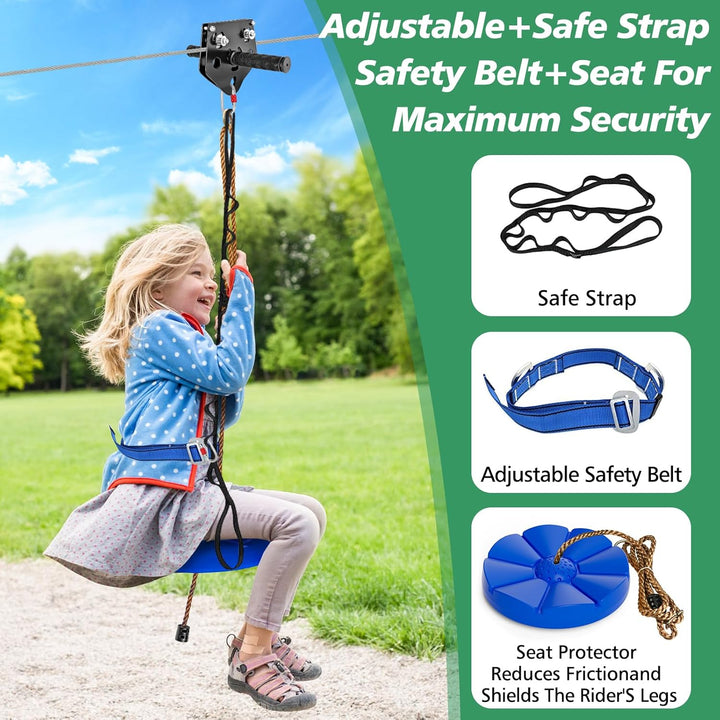 Zip Line Kit for Kids and Adults Outdoor: up to 500Lbs - 80FT Quick Tighten Zipline for Backyard with Removable Trolley Swing Seat Spring Brake Ratchet Strap