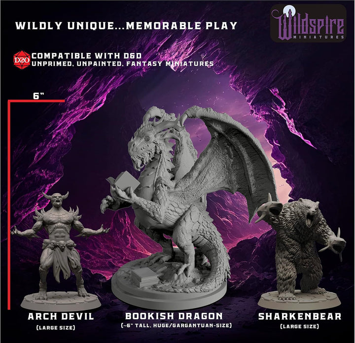 Fantasy Monsters & Bookish Dragon for DND Miniatures Unpainted Bulk 28Mm-32Mm Dungeons & Dragons Minis Pathfinder Figures Fantasy Unpainted Tabletop RPG Miniature Starter Set for D&D