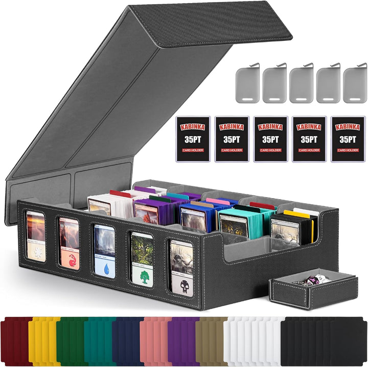 Trading Card Storage Box with Commander Display , 5-Row Deck Case with Removable Lid; 3900+ Card Deck Box for MTG TCG Sports Card, 5 Toploaders, 5 Stoppers, 48 Dividers,1 Dice Tray (Black Purple)