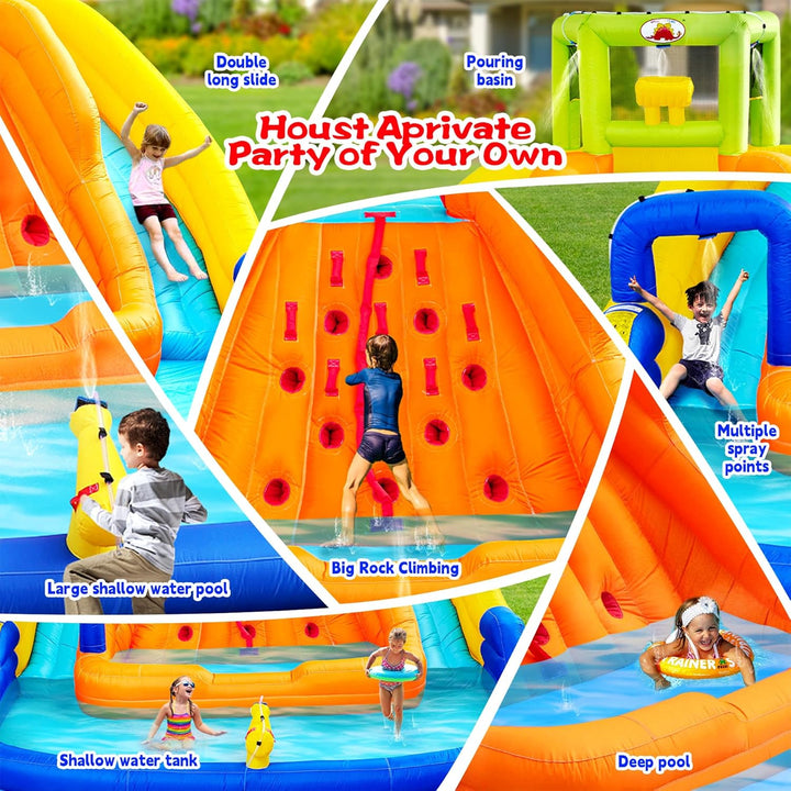 Inflatable Water Slide, Bounce House with Water Bucket, Deep Pool, Climbing Wall with Rope, Bouncy Castle with Air Blower