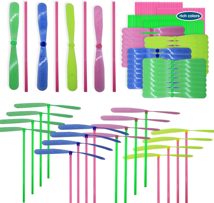 200 Pcs Hand Helicopter Set, 100 Propeller+ 100 Rod Bamboo Dragonfly Helicopter Toy, Aero Props Hand Spinner Flying Disc Launcher Outdoor Toys Flying Party Gift Favors for Kids 8-12,4-6