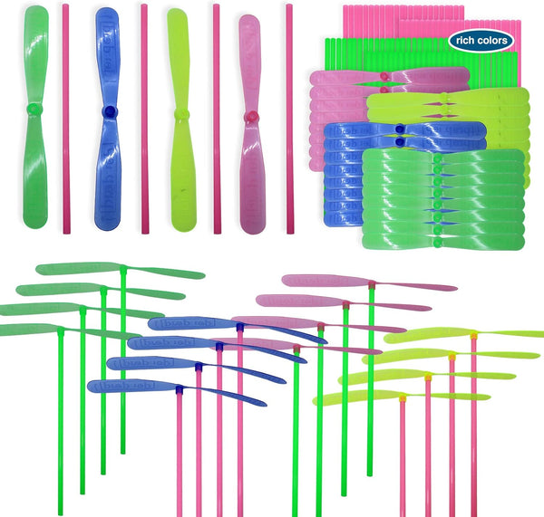 200 Pcs Hand Helicopter Set, 100 Propeller+ 100 Rod Bamboo Dragonfly Helicopter Toy, Aero Props Hand Spinner Flying Disc Launcher Outdoor Toys Flying Party Gift Favors for Kids 8-12,4-6