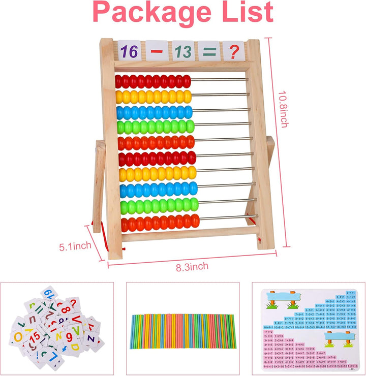 Preschool Math Learning Toy,10-Row Wooden Frame Abacus with Multi-Color Beads, Counting Sticks, Number Alphabet Cards, Gift for 2 3 4 5 6 Years Old Toddlers Boys Girls