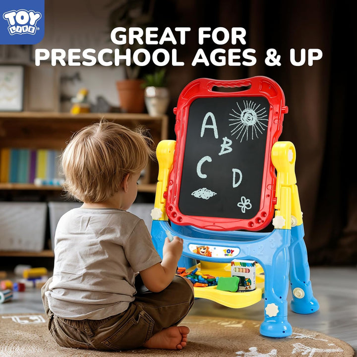 Large Art Easel for Kids, Double-Sided 4In1 Toddler Easel with Rotable Magnetic Chalkboard & White Drawing Board, Height Adjustable with Magnetic Letters & Numbers Gifts for Boys and Girls