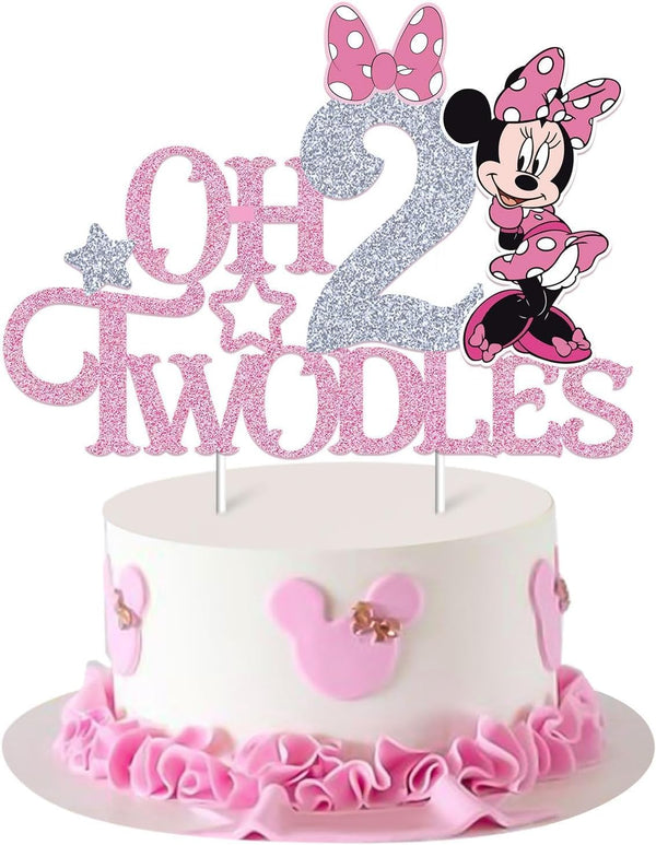 Mouse Oh Twodles Cake Topper for Girls, Pink Glitter Mouse Second 2Nd Birthday Cake Topper with Pink Bows for Girls Birthday Party Decorations Supplies, Silver&Pink