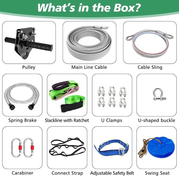 Zip Line Kit for Kids and Adults Outdoor: up to 500Lbs - 80FT Quick Tighten Zipline for Backyard with Removable Trolley Swing Seat Spring Brake Ratchet Strap