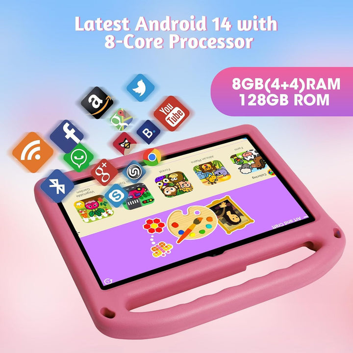 2025 Upgraded Kids Tablet, 10 Inch Android 14 Tablet for Kids, 8GB (4+4) RAM + 128GB Storage, 6000Mah Long Battery, Dual Cameras, Great Tablet for Toddlers, Case Included (Pink)
