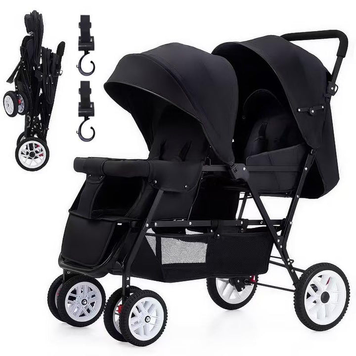 Double Stroller for Infant Toddler, Foldable Double Baby Stroller with Tandem Seating and Adjustable Backrest - Extra Gift Toys/Mosquito Net/Sleeping Mats/ 2 Hooks/ 2 Cotton Pads（Grey）