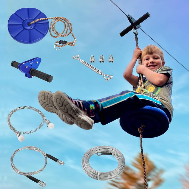 Zipline for Kids and Adult, Zip Line Kits for Backyard with Stainless Steel Spring Brake, Cable Tensioning Kit, Safety Harness, 2 Tree Protectors and Full Set of Zip Line Accessories