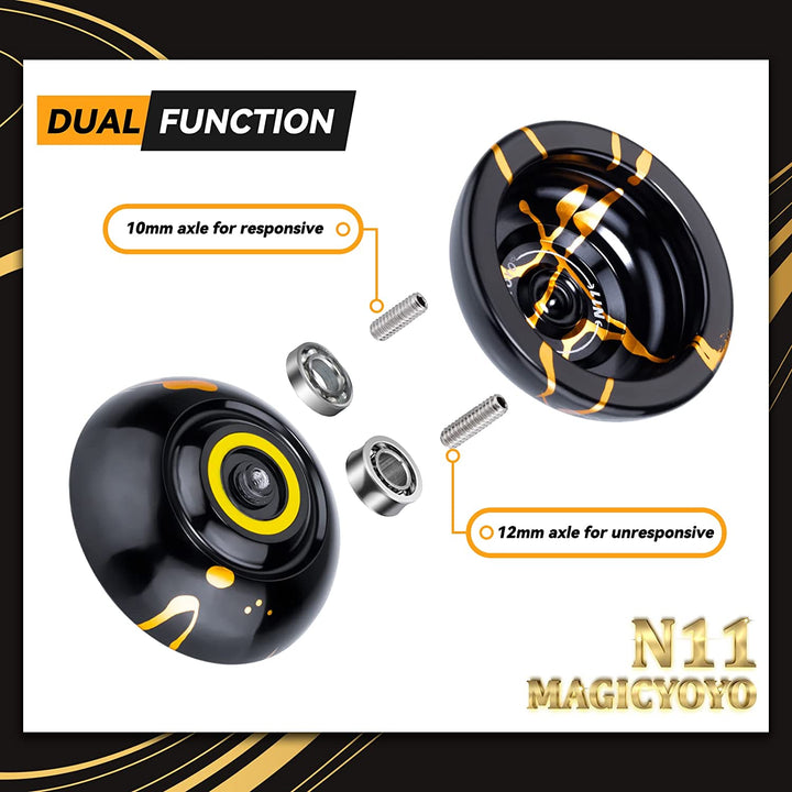 N11 Professional Unresponsive Yoyo N11 Dual Purpose Alloy Trick Yoyo Ball (Black with Golden) with Bag, Glove, 12 Yoyo Strings and Responsive Bearing Kit