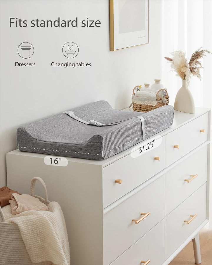 Baby Changing Pad with Waterproof Lining Foam, Includes a Soft & Washable Cover, Contoured Changing Table Pads for Dresser Top with Non-Slip Bottom, 32”×16” (Grey, Rectangular)