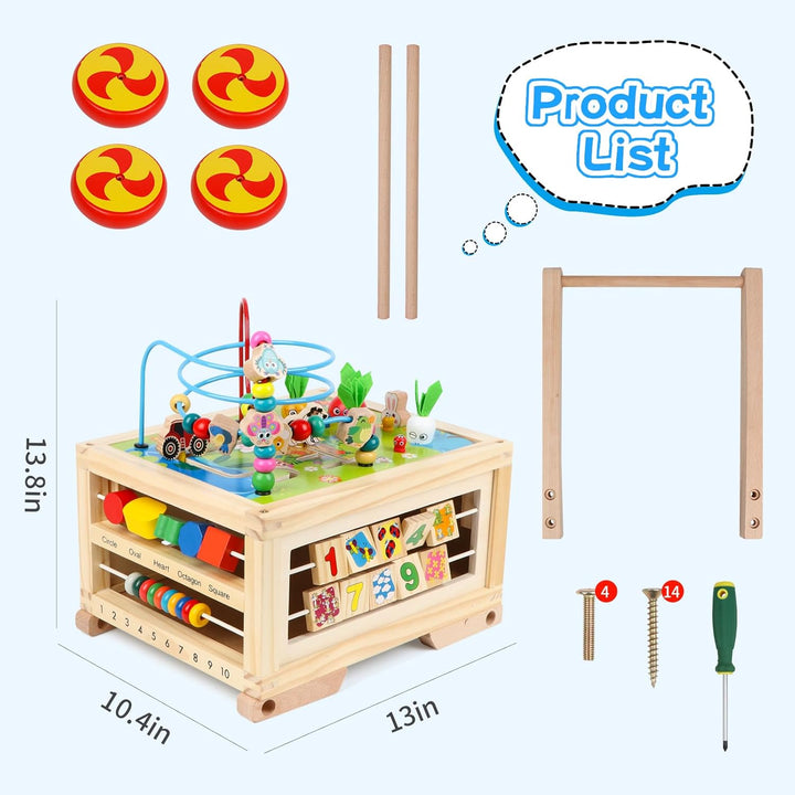 Wooden Activity Cube 7-In-1 Montessori Toy Multipurpose Educational Learning Toy for 1+ Year Old Baby Toddler Kid Boy First Birthday Gift Bead Maze Gear Number Animal Board Carrots Harvest Game