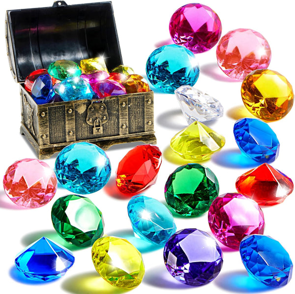 Diving Gems Pool Toys, 16 Big Colorful Diamond with Pirate Treasure Chest,Swim Dive Toy for Kids Underwater Gemstone Swimming Training Gift Water Pool Games(Gold)