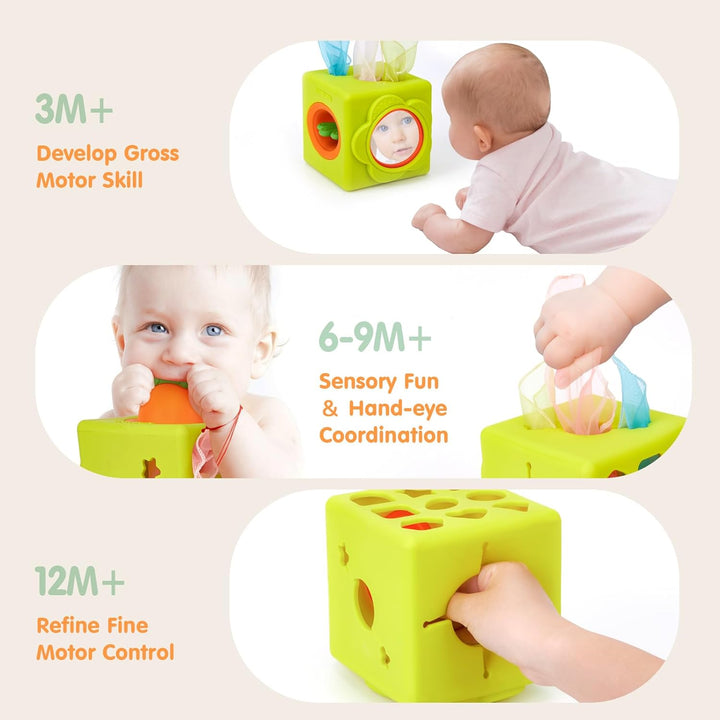 Baby Tissue Box Toy - Silicone Baby Toys 6-12 Months Montessori Toys for 6 Month Old, 6-In-1 Soft Busy Activity Cube with Scarves, Crinkle, Textures, Mirror, Sensory Popper, 12-18 Months Toy