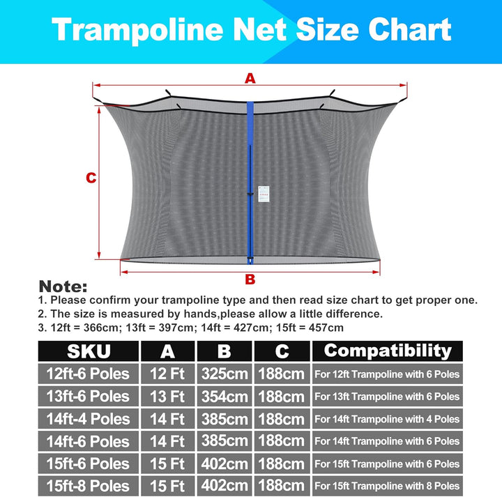 Trampoline Netting Replacement for 6 Straight Poles 12Ft 13Ft 14Ft 15Ft round Frame Trampolines, Safety Enclosure Net Breathable Weather & UV Resistant with Adjustable Straps, NET ONLY