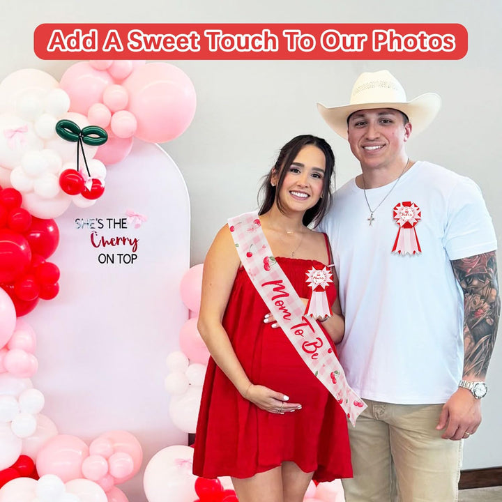 Cherry Baby Shower Decorations Mom to Be Sash Dad to Be Corsage Set, Cherry on Top Baby Shower Mommy to Be Sash for Expecting Parents Gift