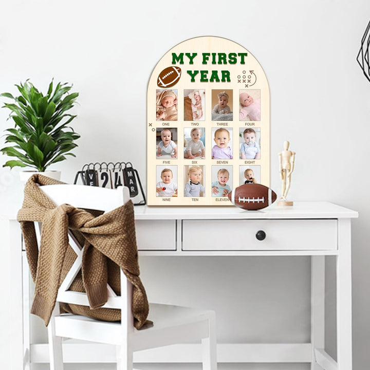 My First Year Photo Board - Baby'S First Year Photo Frame 12 Months Milestone Board Football Photo Display Wood Board 1St Birthday Picture Frame Decorations (Fits 2" X 3" Photo) ﻿