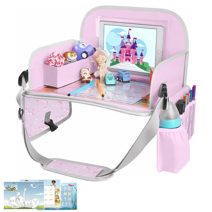 Kids Travel Tray for Toddler Car Seat, Lap Tray for Girl Activities with Dry Erase Board & Cooler Cup Holder, Road Trip Essentials Accessories with No-Drop Large Tablet Ipad Holder Stand,Pink