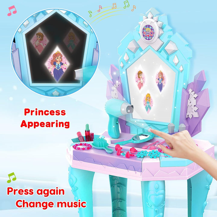 Kids Vanity Magic Makeup Table and Chair Set Girl Toys Mirror with Music Light Frozen Toys for 2 3 4 5 6 Year Old Girls Hair Salon Pretend Play Princess Dress up Playset Gift Toddler 1-3 3-5