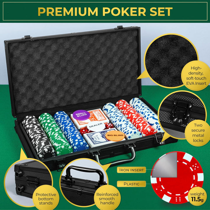 Poker Set with 300 Poker Chips 11.5 Gram for Texas Holdem – Professional Weight Poker Chips Set with 2 Decks Cards, Big Small Dealer Buttons, and Dices – Premium Poker in Aluminum Case
