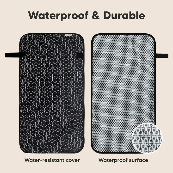 Portable Diaper Changing Pad, Easy Wipe Clean - Foldable Waterproof Baby Changing Mat for Diaper Bag, Compact, Lightweight, 25X13 Baby Changer Travel Essential, Machine Washable (Black Geo)