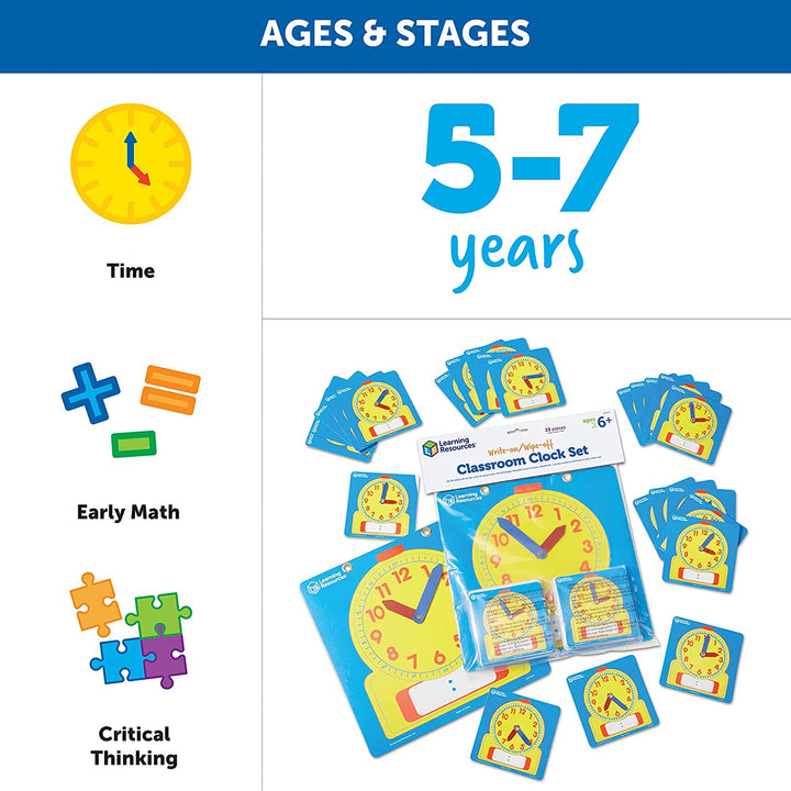 Write & Wipe Clocks Classroom Set - 25 Pieces, Ages 6+ Laminated Dry-Erase, Teaching Aids, Teacher Supplies, Learning Time,Back to School Supplies