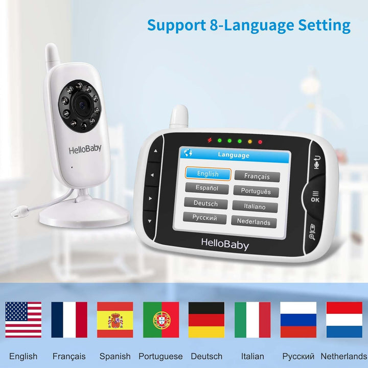 Baby Monitor with 2 Cameras, No Wifi, with Camera and Audio,Video, Night Vision 2-Way Audio, Fully Remote Pan & Tilt, 2X Zoom, ECO Mode, 8 Lullabies